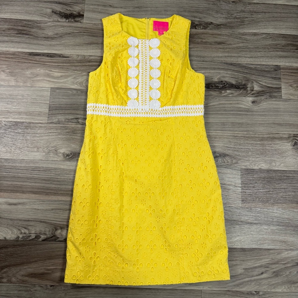Lilly Pulitzer Railee Shift Dress in St. Tropez Yellow Floral Cross Eyelet Sz 6